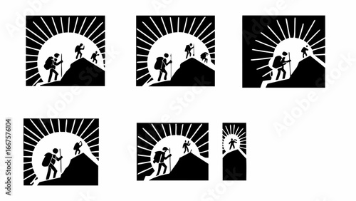 Illustrations depicting hikers climbing mountains with sun rays in the background in a black and white style silhouette