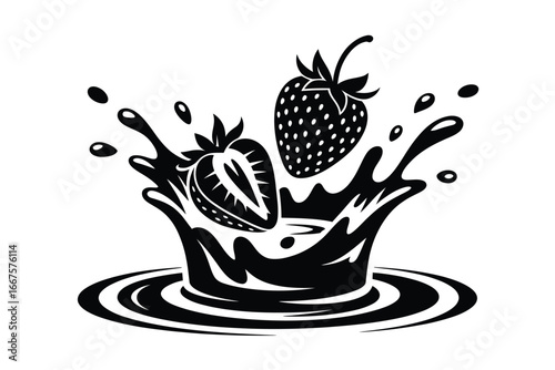Strawberries splashing into dark liquid with droplets