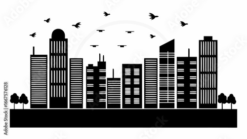 Black and white cityscape silhouette with birds flying above the buildings and a faint circular glow behind 100