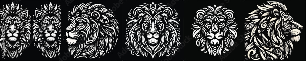 Fototapeta premium A lion drawn in a tribal style, full of curved lines, geometric patterns, and sharp ornamentation. Its symmetrical shape conveys a sense of strength and authority.