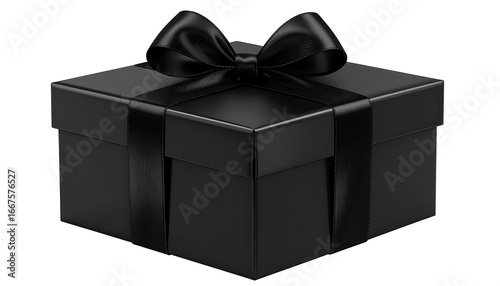 Black Gift Box with Bow, Isolated Background