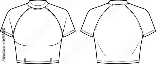Cropped raglan sleeve short‑sleeve top vector illustration, front and back views, round neckline, bust shaping, technical flat garment fashion design