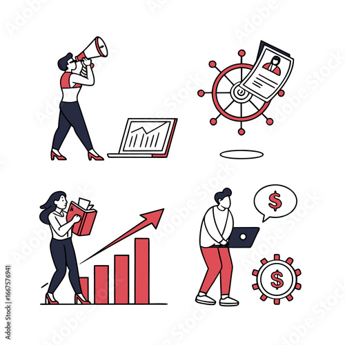 Four Business and Career Concepts in Modern Cartoon Illustration