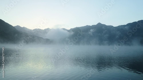 The misty beauty of autumn landscape at Luokeng Reservoir in Shaoguan, Guangdong