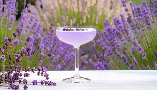 Floral lavender cocktail in coupe glass with petals