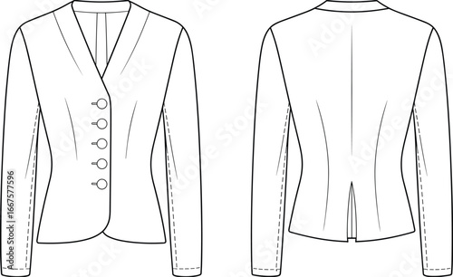 Elegant women’s tailored jacket fashion flat sketch, front and back views, with lapel, asymmetrical closure, princess seams, garment construction details