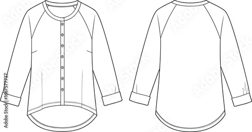 Women's blouse technical sketch, front and back view, raglan sleeve, curved hem, button placket, cad drawing flat vector illustration