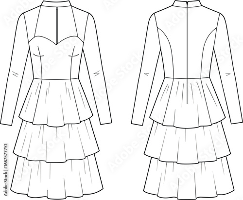 Dress design technical sketch, front and back view, tiered skirt, sweetheart neckline, garment construction, fashion CAD drawing flat vector illustration
