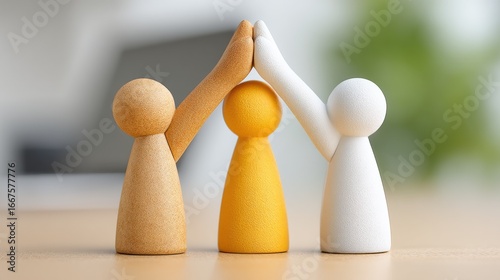 Wooden Figures Embrace the Spirit of Teamwork and Leadership in Modern Office Settings