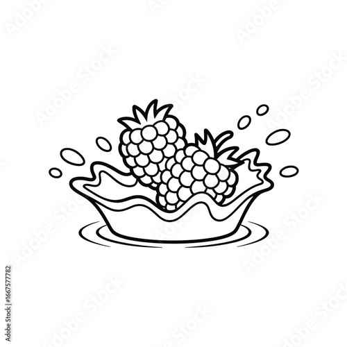 Black and white illustration of two raspberries splashing in water