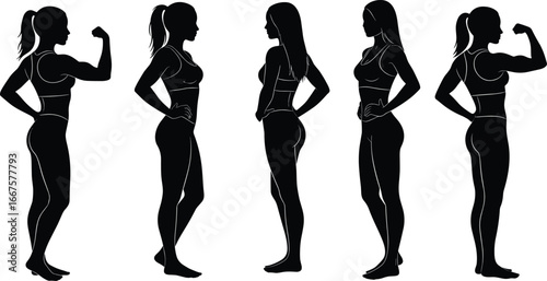 Female silhouette posture set, side view body language illustration, confident and relaxed poses, fitness stance, artistic reference, vector design for study