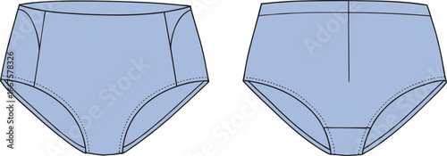 Men’s briefs front and back view, underwear garment design, seam detail, CAD drawing flat vector illustration, fashion template, apparel sketch