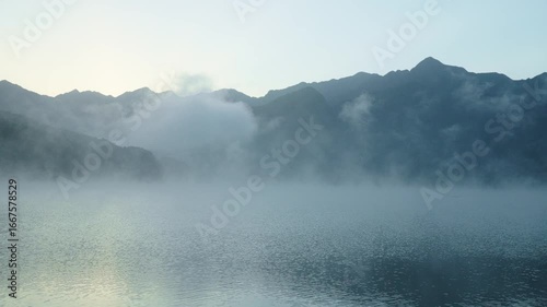 The misty beauty of autumn landscape at Luokeng Reservoir in Shaoguan, Guangdong