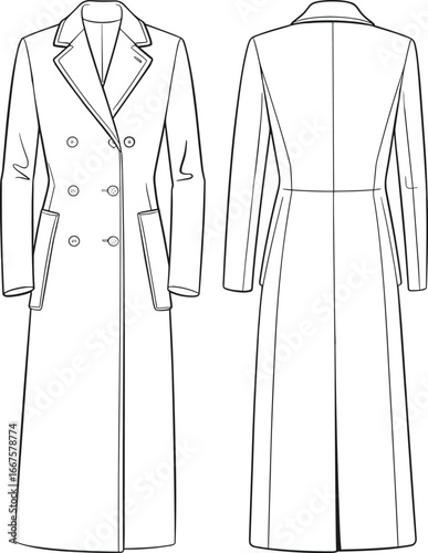 Long double‑breasted overcoat technical fashion illustration front and back views with notched lapel, six buttons, welt flap pockets, and tailored fit
