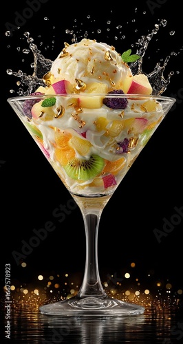 A martini glass filled with a dessert of fruit and ice cream, topped with edible gold.  Splashing water droplets surround the glass.  Golden sparkles on black background