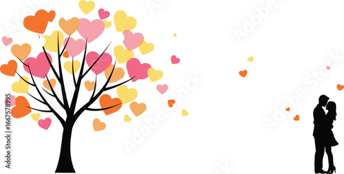 Romantic couple silhouette under love tree with colorful heart leaves, romantic kiss illustration, Valentine’s Day concept, wedding anniversary, romantic background