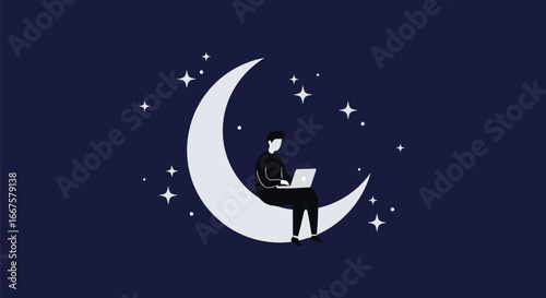 Businessman working on laptop on crescent moon at night