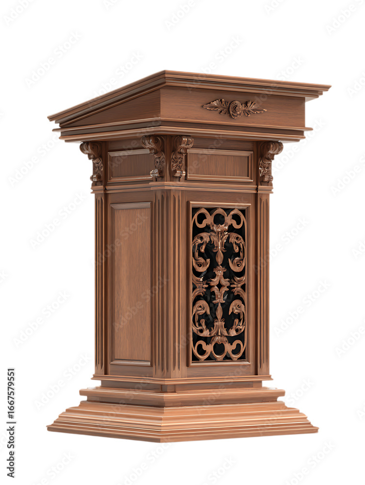 Fototapeta premium Classic wooden podium lectern with decorative paneling White background.