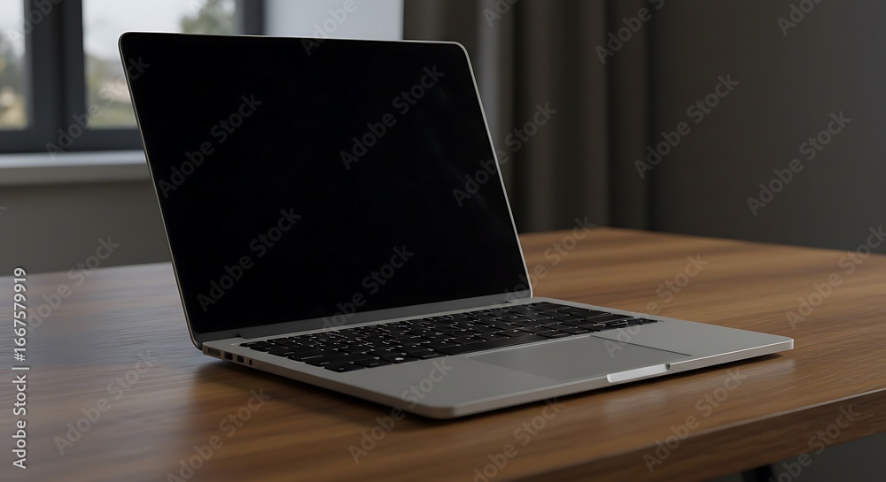 Fototapeta premium Modern laptop on desk in minimalist workspace, sharp focus, studio lighting, perfect composition, editorial style, no branding