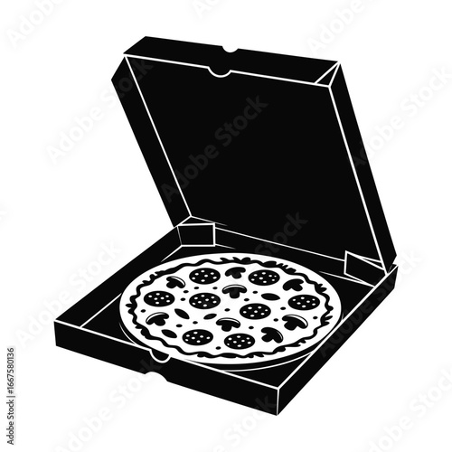 Black and white illustration of a pepperoni pizza in an open box