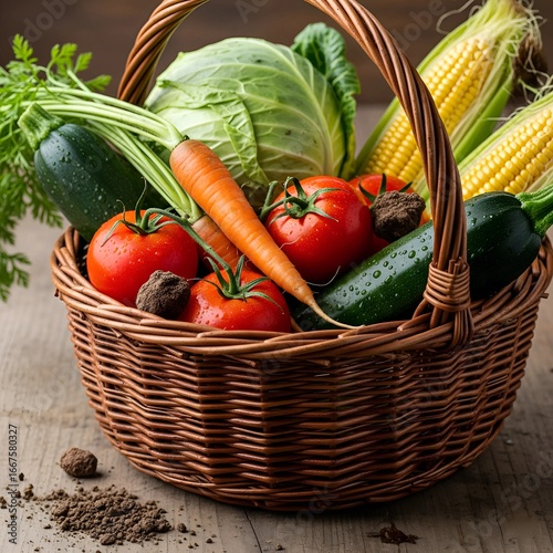 A rustic photo of fresh vegetables in a wicker basket, with dirt smudges and natural textures.