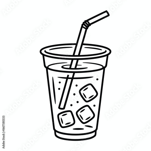 Simple line drawing of a cold drink with ice and straw