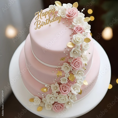 ​A high-angle shot of a beautifully decorated cake, with intricate details and a soft focus background.