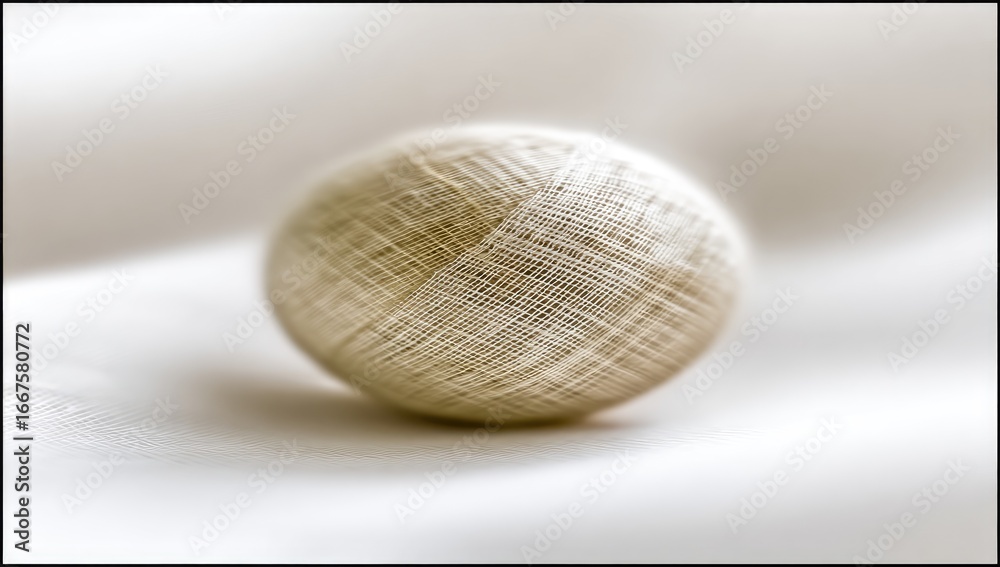 Fototapeta premium A light beige, textured sphere rests on a soft, light background