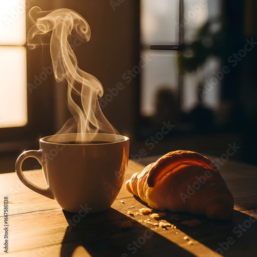 An artistic photo of a steaming cup of coffee next to a flaky croissant, with sunlight streaming from the window.