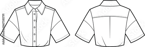 Technical fashion flat sketch of short‑sleeved button‑up shirt with collar, darts, yoke and pleat, front and back garment views