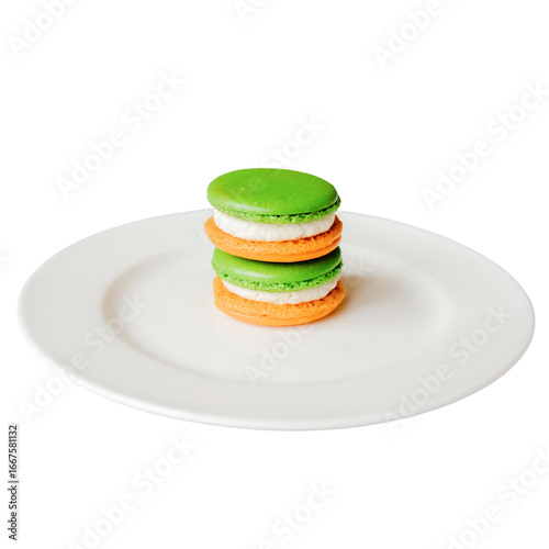 Macaron Tower: A stack of three colorful macarons, presented on a pristine plate, showcasing the artistry of fine pastry and culinary delight.