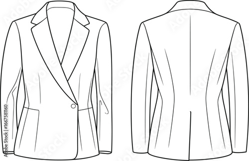 Technical fashion illustration of a tailored women’s blazer jacket front and back views with detailed design elements for garment construction reference
