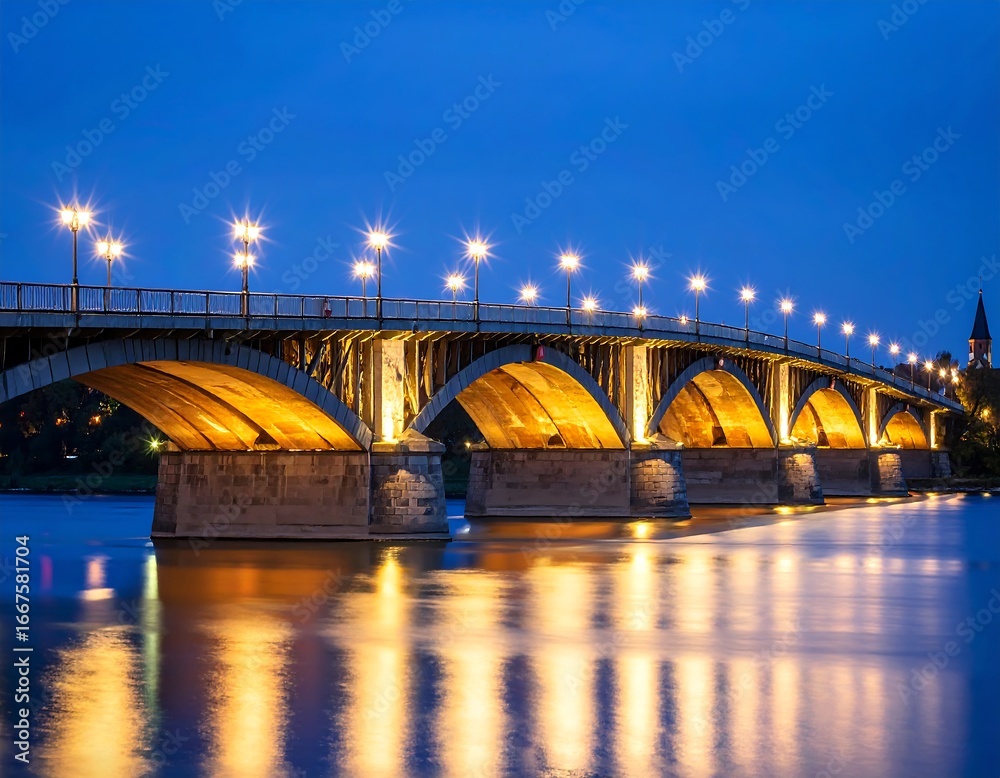 Naklejka premium Illuminated bridge at twilight over calm river