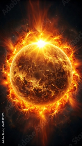 Fiery sun with intense solar flares and plasma eruptions against a dark cosmic backdrop