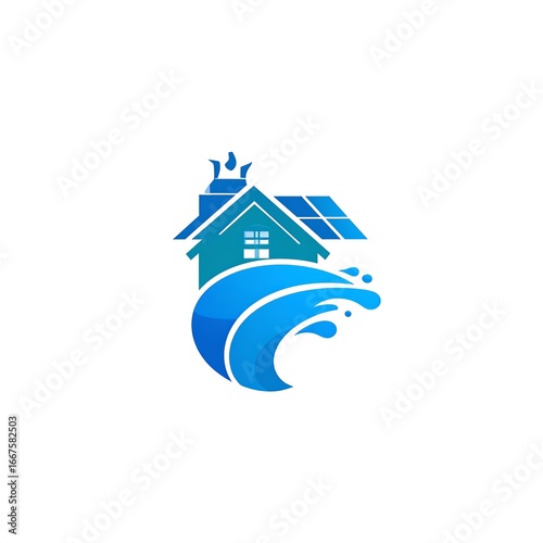House, Wave, Solar Panel, Flood Protection Logo