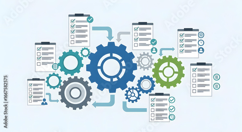 Conceptual illustration of an automated workflow system with gears and checklists representing business process management and efficiency