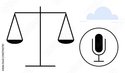 Balanced scale alongside a microphone outline emphasizing justice, law, and communication. Ideal for legal podcasts, public speaking, ethics, decision-making, media, equality simple landing page
