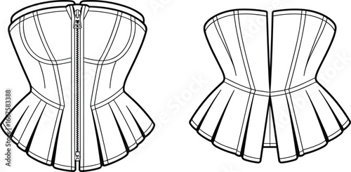 Technical flat fashion sketch of structured corset top with peplum, zipper front, sweetheart neckline, seam panels, front and back detailed views