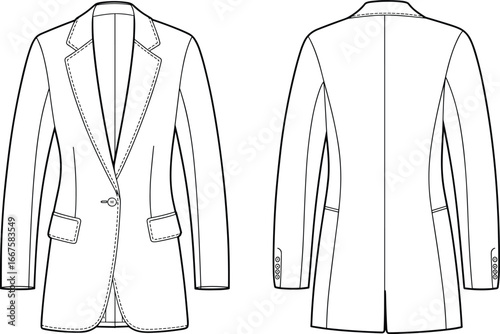 Technical flat fashion sketch of tailored blazer with notched lapel, chest welt pocket, single button, front and back views for garment design