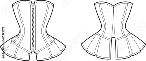 Technical flat fashion sketch of structured corset with flared skirt, zipper front, panel seams, sweetheart neckline, front and back detailed views