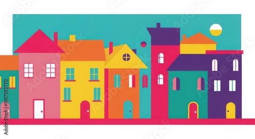 Vibrant cartoon cityscape featuring a row of colorful whimsical buildings under a bright teal sky with a crescent moon