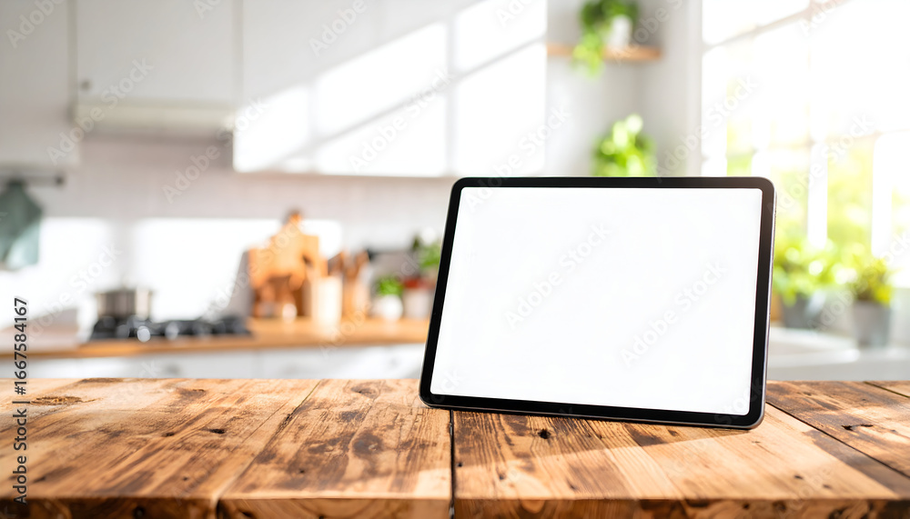 Fototapeta premium Blank tablet on wooden table in bright kitchen with plants