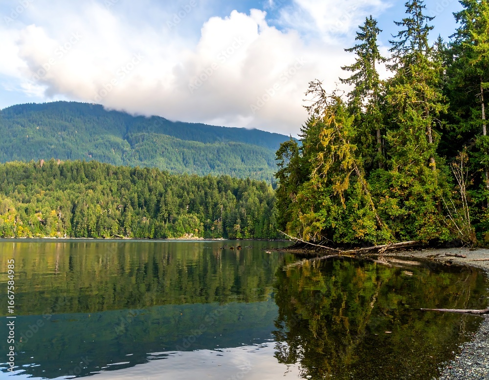 Fototapeta premium Serene Lake Reflects Forest and Mountains Under Cloudy Sky.