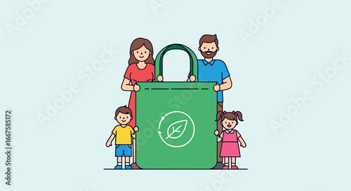 Happy family with reusable eco shopping bag