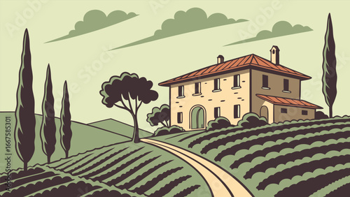 Tuscan Villa: Vintage Style Rural Landscape Illustration, Rolling Hills, Cypress Trees, Vineyard Pathway