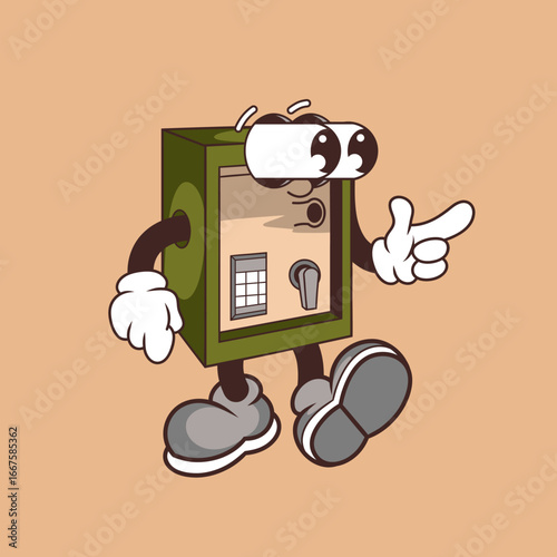Retro character design of suprised safe box