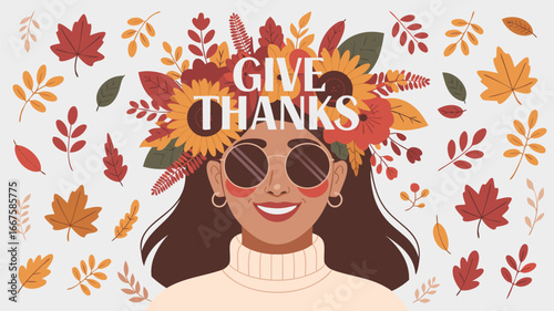 Autumn Woman with Give Thanks Floral Crown and Colorful Fall Leaves Illustration