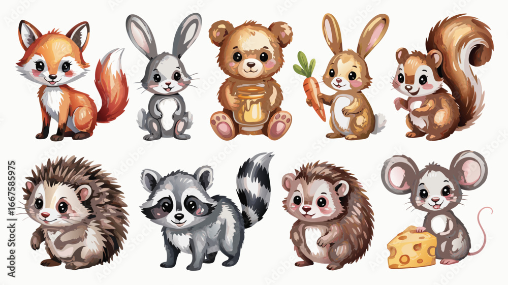 Fototapeta premium Cartoon Animals Fox, Rabbit, Bear with Honey, Squirrel, Hedgehog, Raccoon, Mouse and Cheese