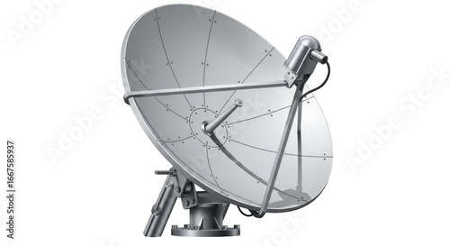 A detailed view of a large modern satellite dish antenna used for telecommunications and broadcasting on a black background