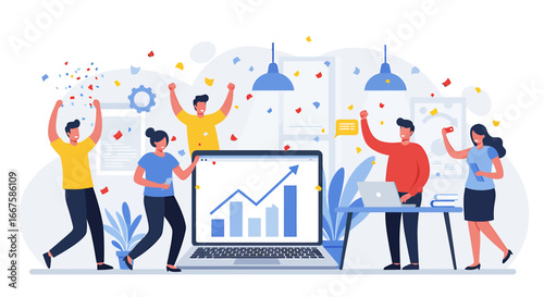 Excited business team celebrating significant financial growth and project success, surrounded by falling confetti in a vibrant modern office environment